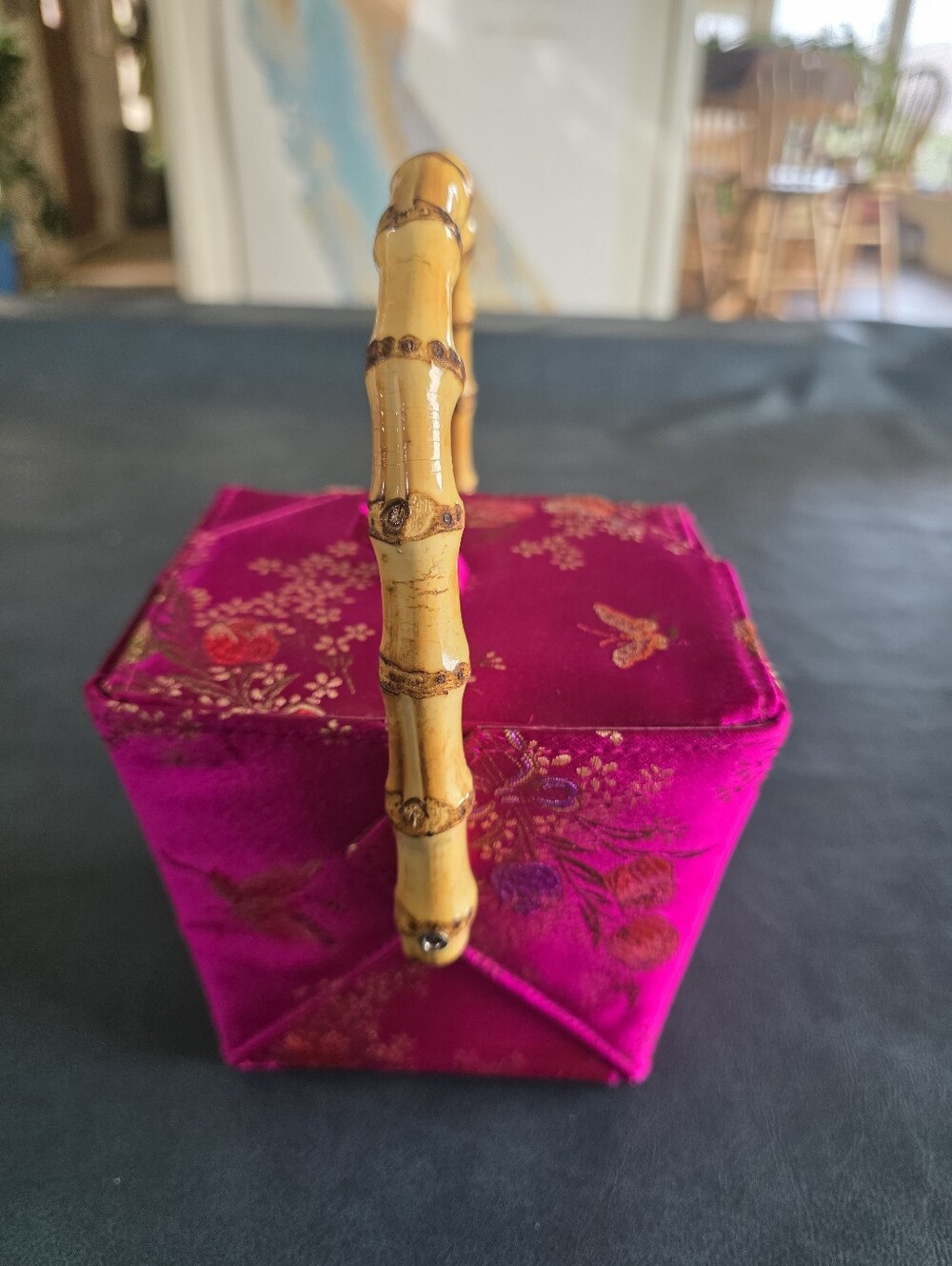 Tozai Fuchsia Silk Embroidered Takeout Box Bag with Bamboo Handle